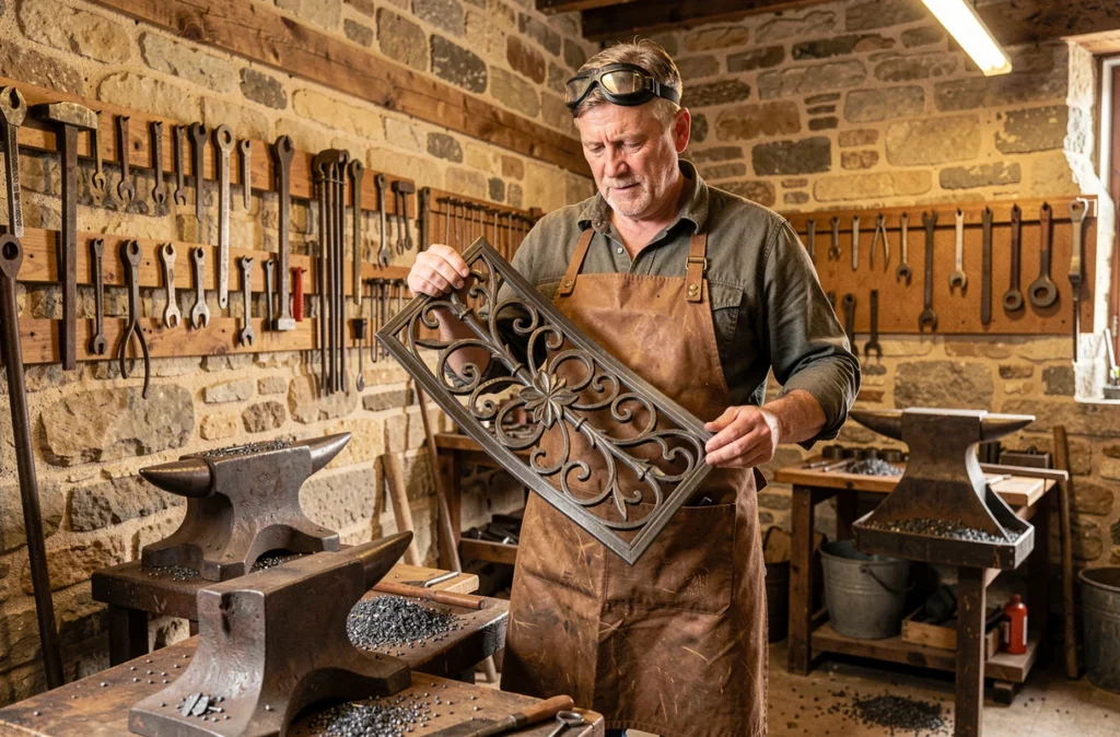 Artisan métallier de Sarl Arts Métaux tenant un panneau en fer forgé dans son atelier traditionnel dans le Tarn