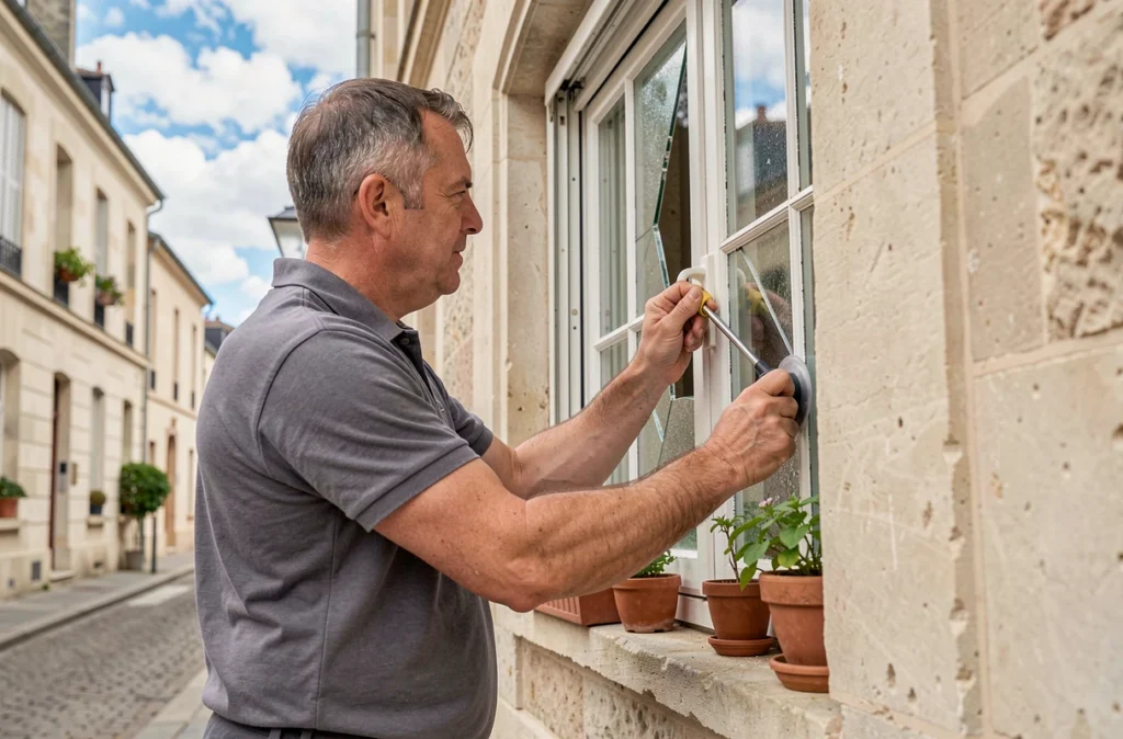 Serrurier vitrier Obert remplaçant une vitre sur une façade de maison traditionnelle dans le Tarn