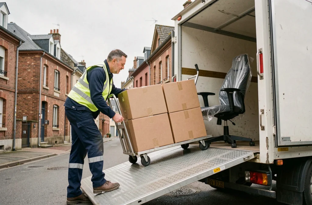 Déménageur TDS Déménagement 59 utilisant un hayon hydraulique pour charger des affaires devant un immeuble mixte du Nord