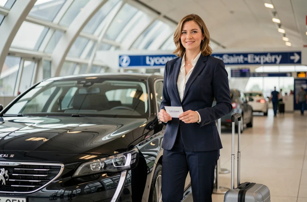 Chauffeuse VTC Teleportalyon en blazer sombre tenant un panneau d'accueil à l'aéroport Lyon-Saint-Exupéry avec une architecture futuriste en arrière-plan