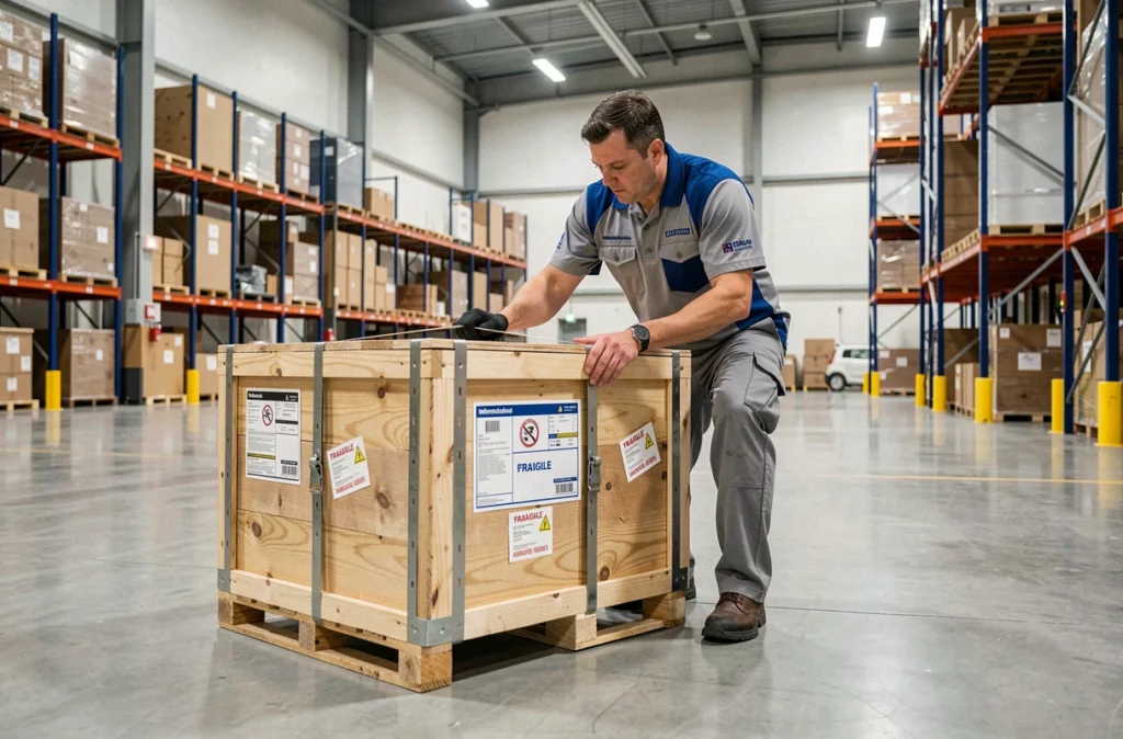 Professionnel de Transim sécurisant une caisse d'expédition internationale dans un entrepôt logistique moderne, illustrant le déménagement international