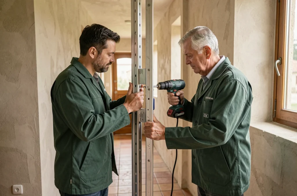 L'équipe Verdier Robert et Yannick installant un cadre de porte sécurisé dans une maison du Tarn