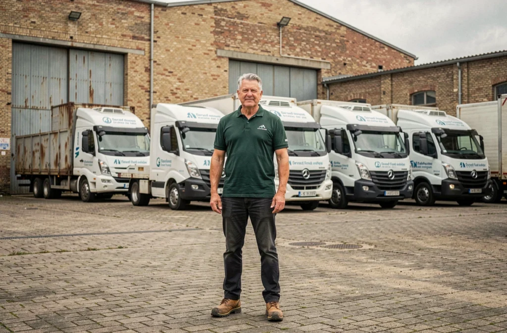 Déménageur expérimenté de Voreux Lauwers devant une flotte de camions dans un dépôt industriel du Nord, symbolisant l'ancienneté de l'entreprise