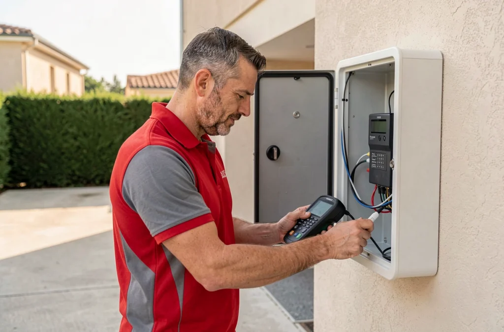 Technicien de VSM Sud Ouest intervenant sur un portail électrique devant une maison du Tarn