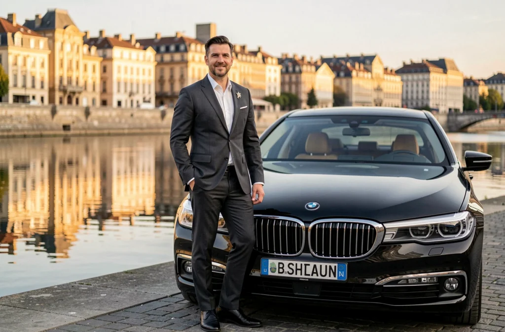 Chauffeur VTC Wings en costume anthracite avec pin's ailé debout devant une BMW Série 7 noire sur les quais de Saône à Lyon