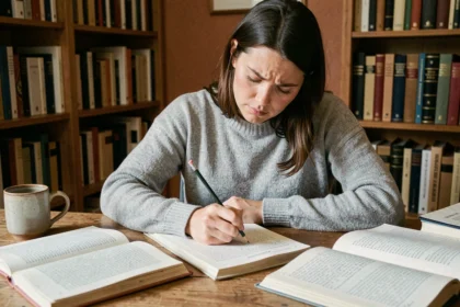 Femme étudiant la grammaire française avec des livres ouverts sur un bureau en bois, illustrant l'apprentissage des prépositions de et à