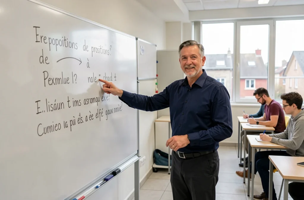 Professeur expliquant l'usage des prépositions de et à en français devant un tableau blanc dans une salle de classe moderne