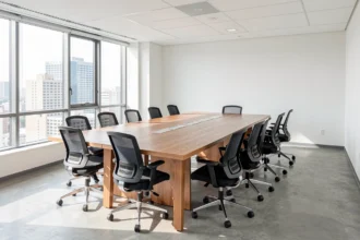 Salle de réunion lumineuse avec table en bois et sièges
